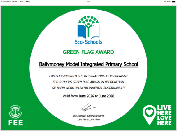 Ballymoney Model IPS Awarded their 9th Green Flag Award at Causeway Coast and Glens Eco- Schools Award Ceremony at Ballymoney Town Hall, June 2026 